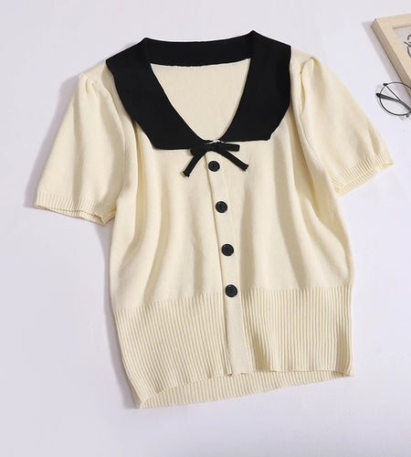 Vintage Women's Sweet 2024 New Fashion Patchwork Short Sleeve Single Breasted Elegant Knit Tops Summer Lapel Holiday Clothing