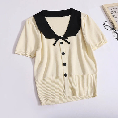 Load image into Gallery viewer, Vintage Women&#39;s Sweet 2024 New Fashion Patchwork Short Sleeve Single Breasted Elegant Knit Tops Summer Lapel Holiday Clothing
