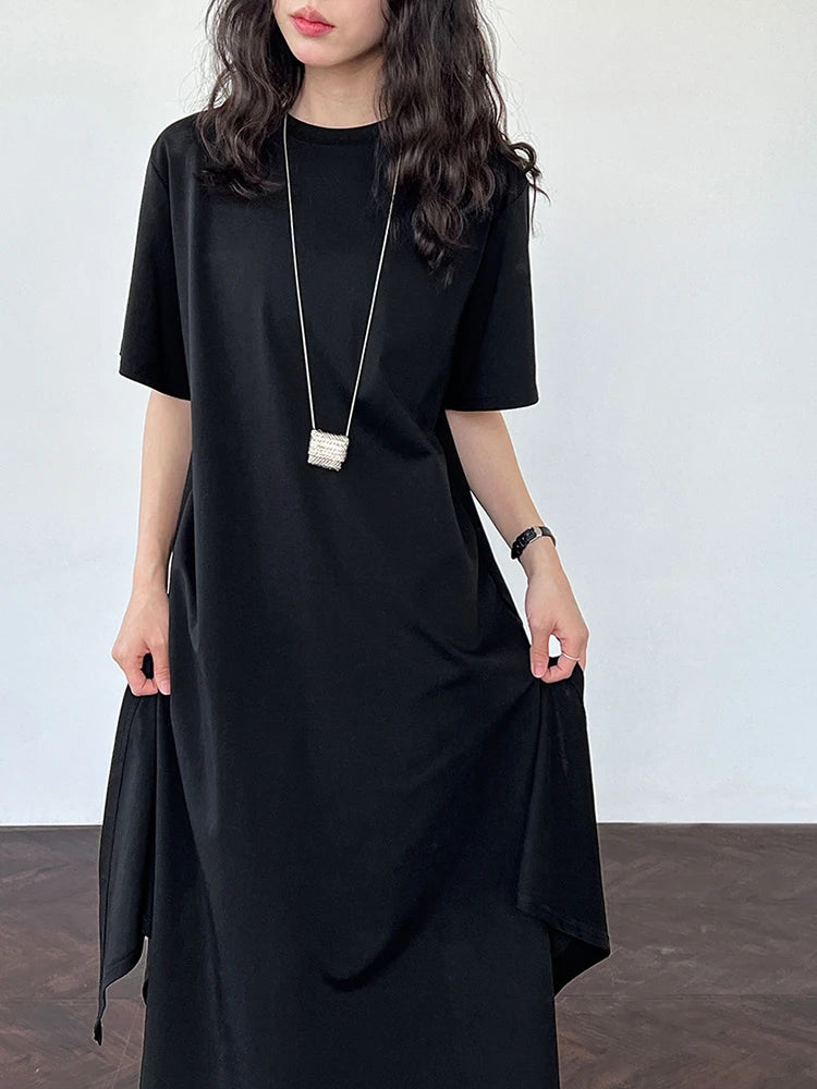 Women White Bandage Irregular Big Size Midi Dress New Round Neck Short Sleeve Fashion Tide Spring Summer 2025 1DJ1263
