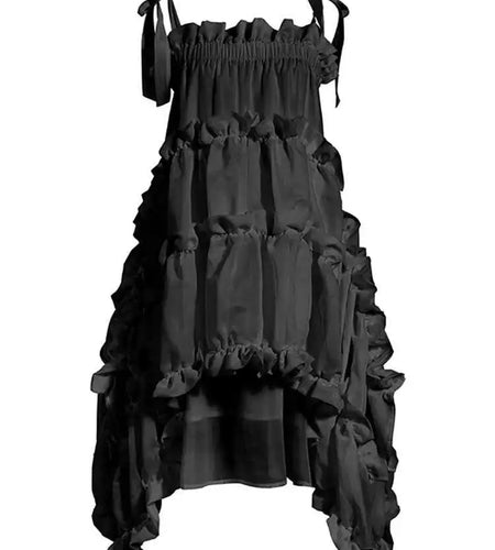 Women  Irregular Ruffles Spaghetti Strap Dress New Round Neck Long Sleeve Loose Fit Fashion Tide Spring Autumn 2025 1W571