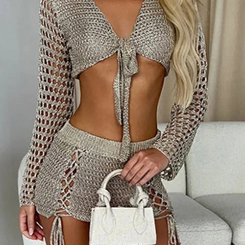 Load image into Gallery viewer, 6 Colors Hollow Out Long Sleeve Crochet Knitted Tunic Beach Cover Up Cover-ups Beach Dress Beach Wear Beachwear Female V6001

