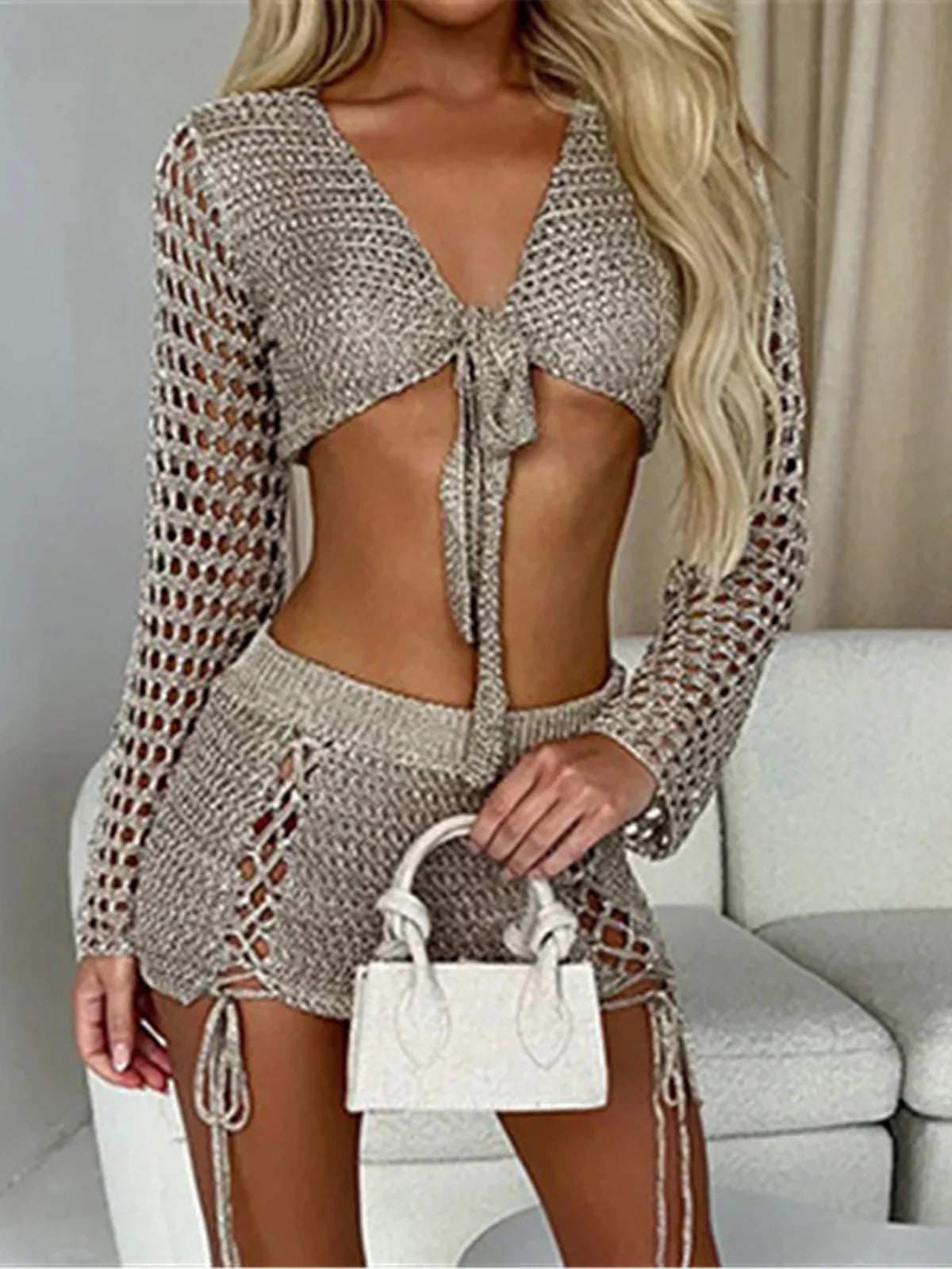 6 Colors Hollow Out Long Sleeve Crochet Knitted Tunic Beach Cover Up Cover-ups Beach Dress Beach Wear Beachwear Female V6001