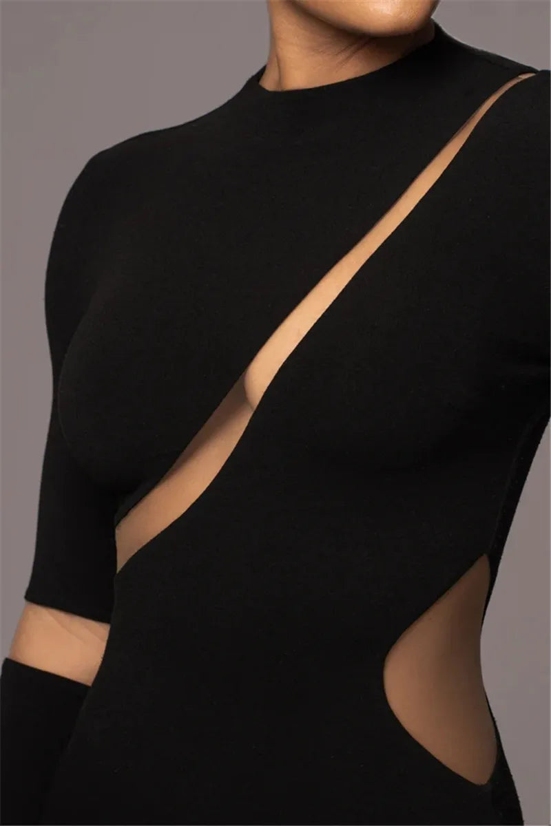 Turtleneck Long Sleeve Bodycon Maxi Dress For Women Autumn New Patchwork Hollow Out Club Party Sexy Long Dress Vestidos