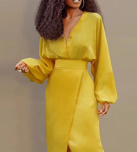 Autumn Spring New Trendy Yellow Vintage Buttoned Blouse Long Sleeves V-neck Work Elegant Shirts Tops Summer