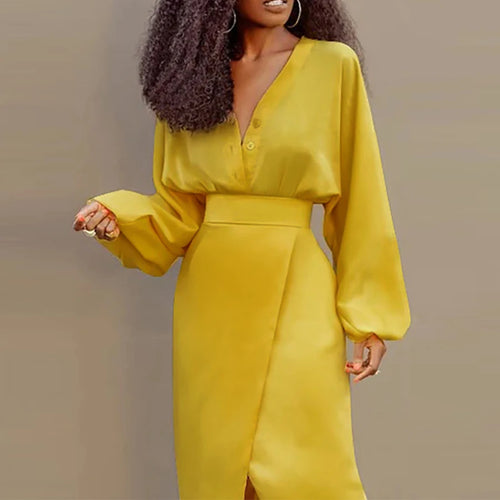 Load image into Gallery viewer, Autumn Spring New Trendy Yellow Vintage Buttoned Blouse Long Sleeves V-neck Work Elegant Shirts Tops Summer
