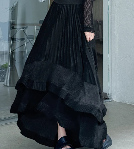 High Elastic Waist Black Irregular Pleated Elegant A-line Half-body Skirt Women Fashion New Spring Autumn 2025 1DJ0692
