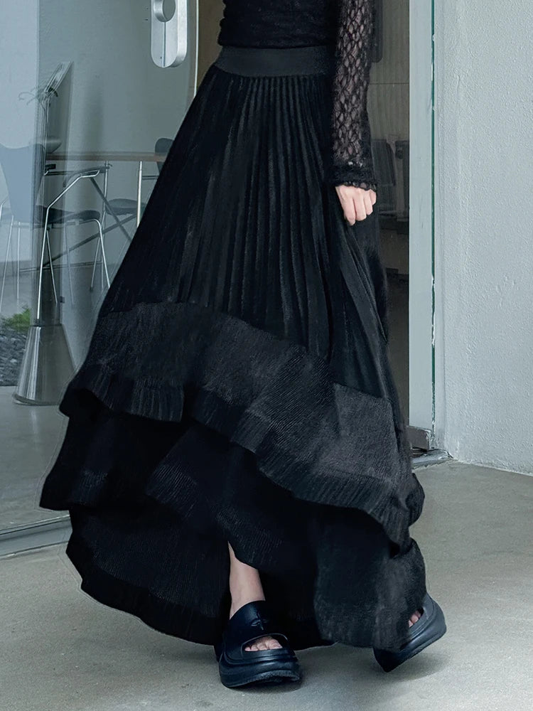 High Elastic Waist Black Irregular Pleated Elegant A-line Half-body Skirt Women Fashion New Spring Autumn 2025 1DJ0692