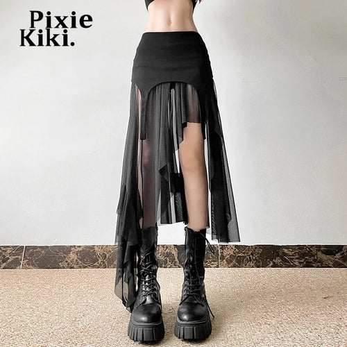 Load image into Gallery viewer, Transparent Mesh Patchwork Irregular A Line Black Skirt Y2k Women Bottom Festival High Waist Long Skirts P94-EZ38
