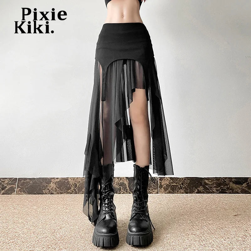 Transparent Mesh Patchwork Irregular A Line Black Skirt Y2k Women Bottom Festival High Waist Long Skirts P94-EZ38