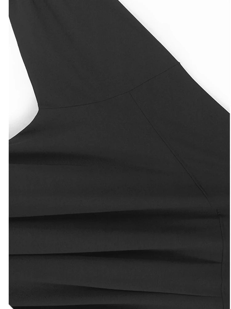 Women Black Pleated Hollow Out Big Size Elegant Mini Dress New V-Neck Long Sleeve Fashion Tide Spring Autumn 2025 1DH9549