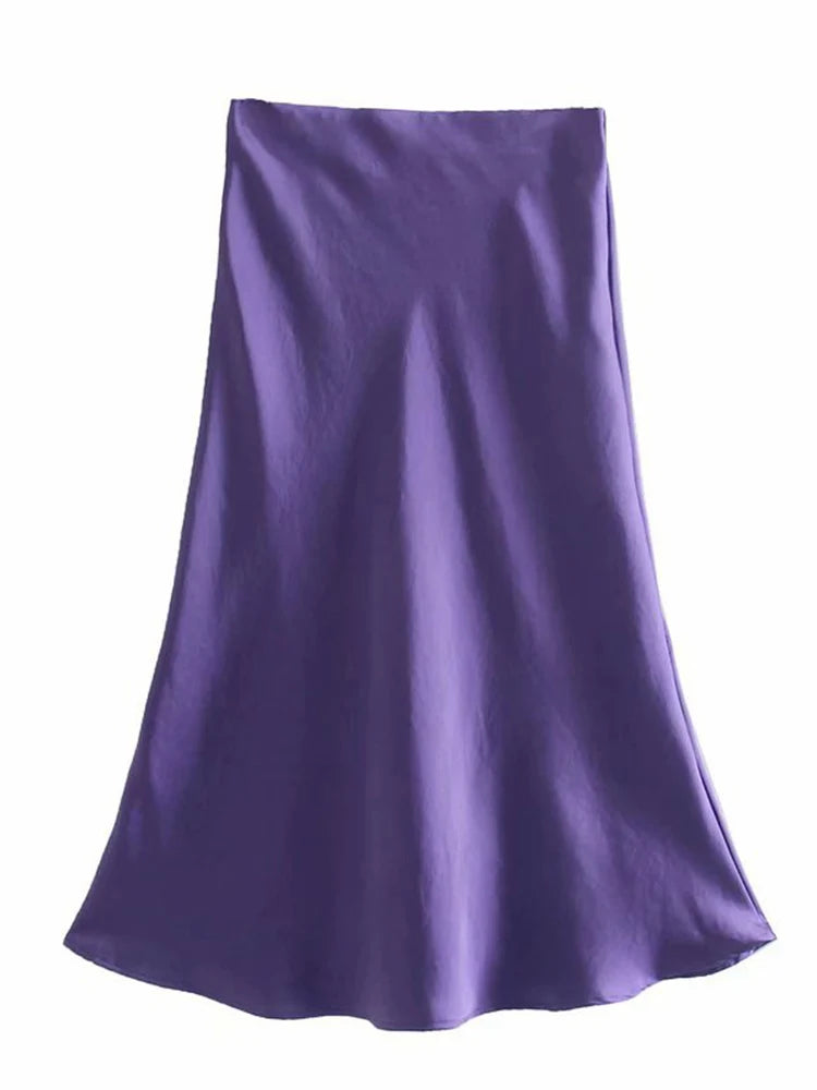 Hot Sale Solid Satin Elastic Waist Women A-Line Skirt Summer Female Slim Falda