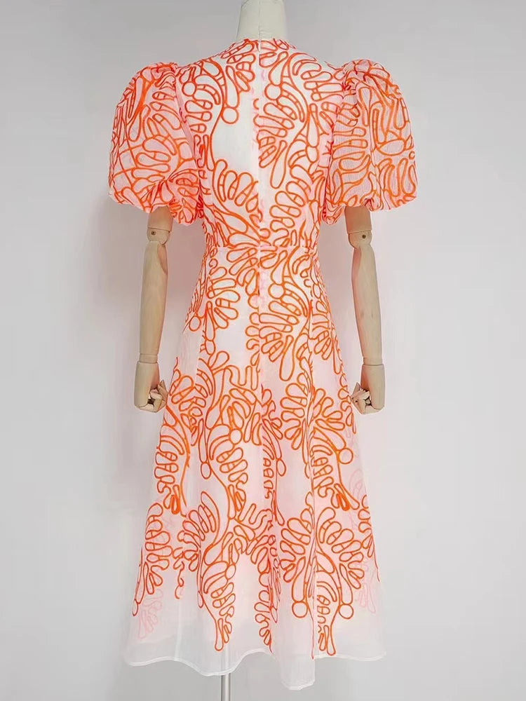 Elegant Colorblock Long Dress For Female V Neck Short Puff Sleeve High Waist A Line Midi Dresses Woman 2022 Summer Clothing