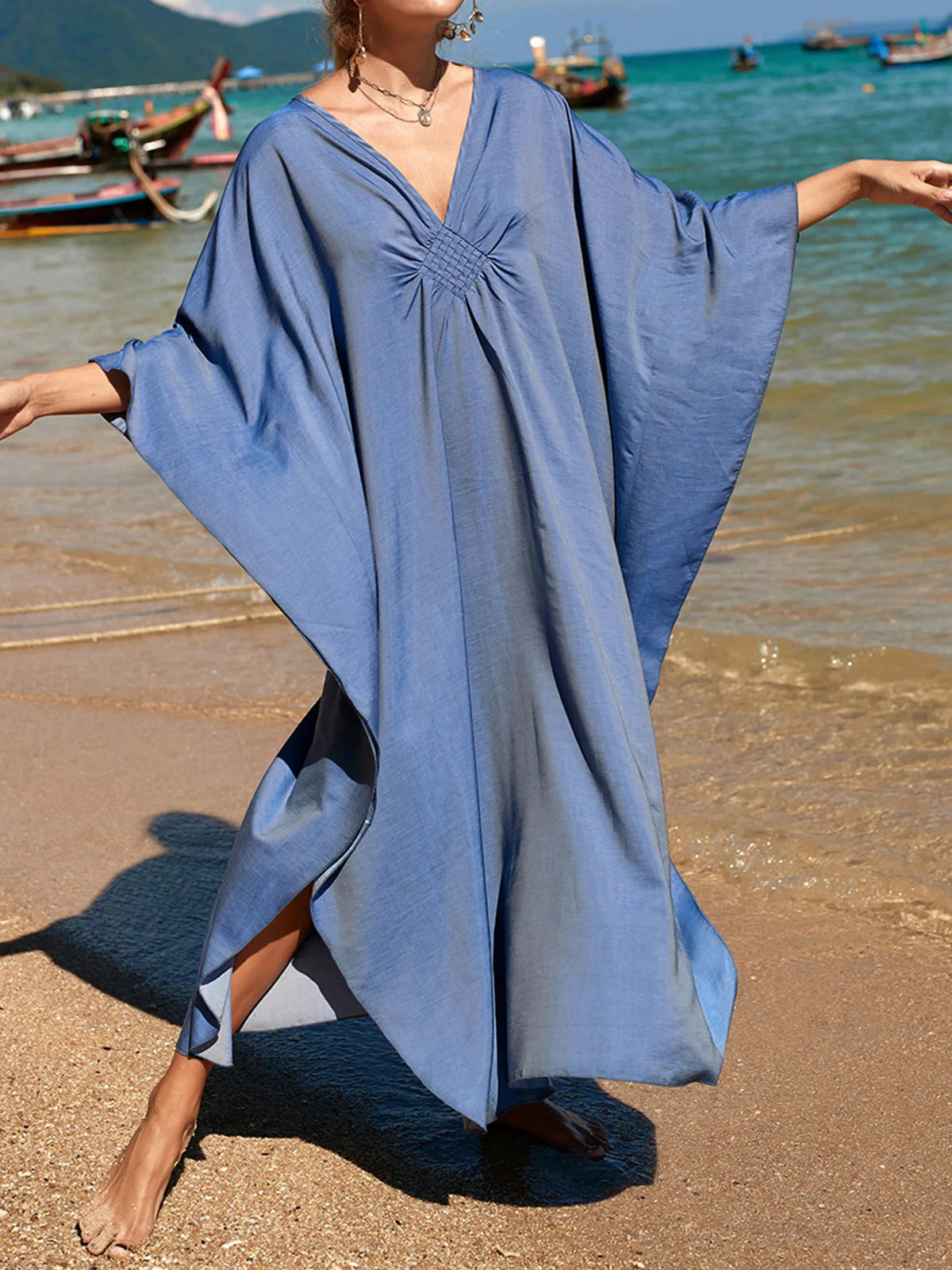 Greek Goddess Long Dress Batwing Sleeve Tunic Beach Cover Up Cover-ups Beach Dress Beach Wear Beachwear Kaftan Maxi Dress V4427