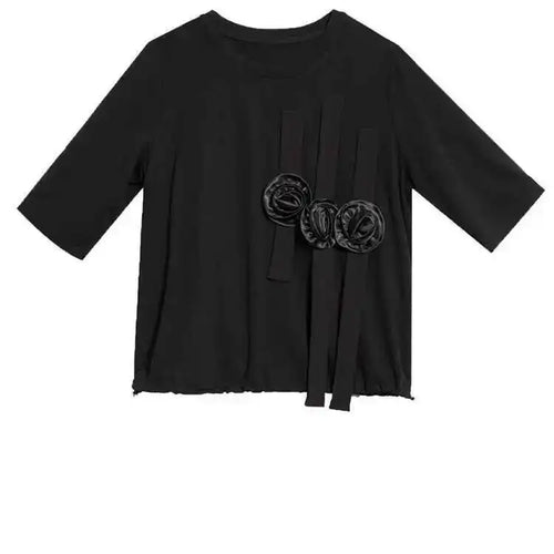 Load image into Gallery viewer, Women Black Flower Ribbons Big Size Casual T-shirt New Round Neck Short Sleeve Fashion Tide Spring Summer 2025 1DH5980
