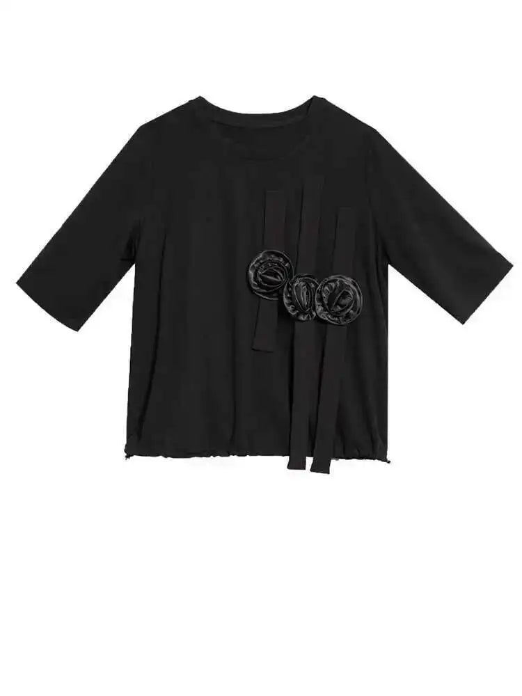 Women Black Flower Ribbons Big Size Casual T-shirt New Round Neck Short Sleeve Fashion Tide Spring Summer 2025 1DH5980