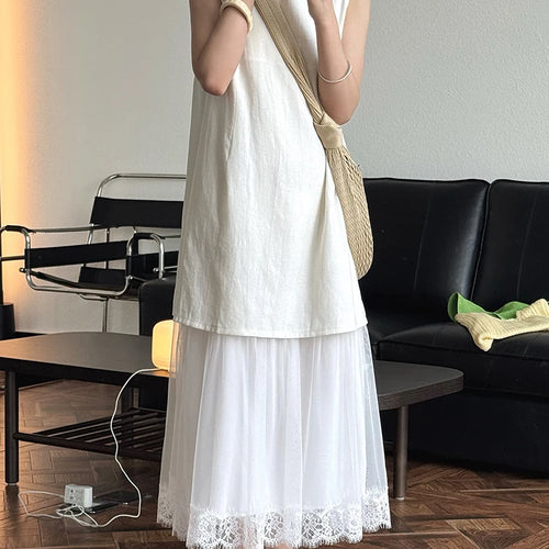 Load image into Gallery viewer, Women Beige Mesh Lace Spliced Elegant Long Vest Dress New Round Neck Sleeveless Fashion Tide Spring Summer 2025 1DJ1216
