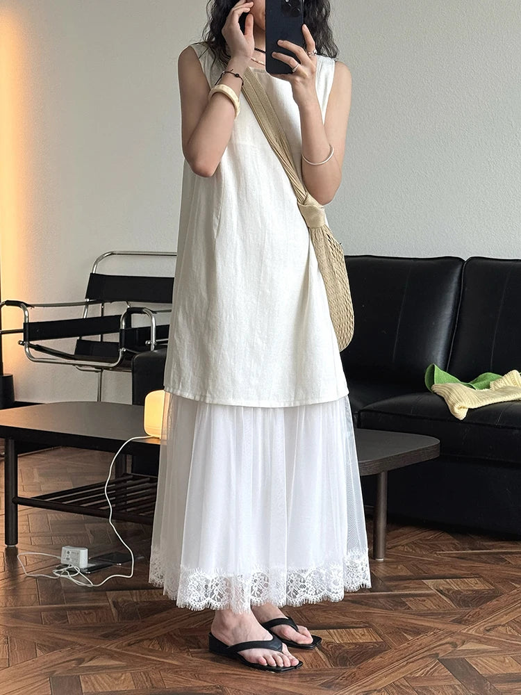 Women Beige Mesh Lace Spliced Elegant Long Vest Dress New Round Neck Sleeveless Fashion Tide Spring Summer 2025 1DJ1216