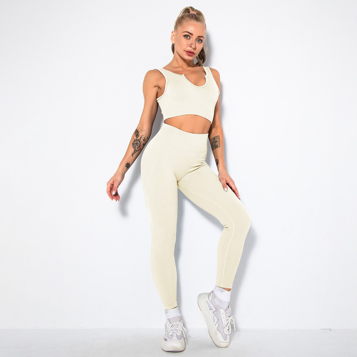 Gym Set Summer 2 Piece Outfit Ribbed Sport Bra Leggings Seamless Workout Set Fitness Active Wear Tracksuit Women Yoga Clothing