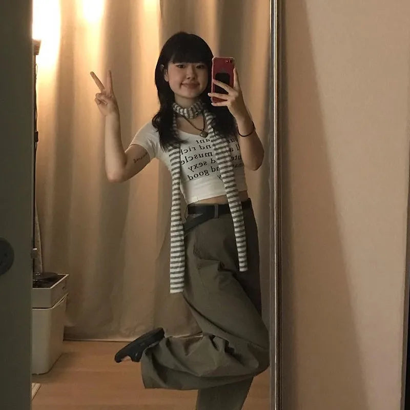 Korean Fashion Crop Tops Grunge Letter Print T-shirts Kpop Sexy Slim Short Sleeve Tee Shirts Japanese Style Streetwear