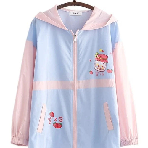 Load image into Gallery viewer, Summer Women Thin Zipper Hooded Jackets Strawberry Print Long Sleeve Harakuju Jacket Sweet Style Female Kawaii Cute Coat
