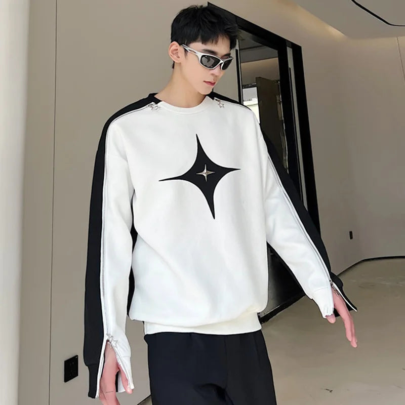 Men Hollow Out T-shirts New Trendy Contrast Color Zipper Niche Design Loose Casual Male Korean Fashion Top Patchwork 9A7261