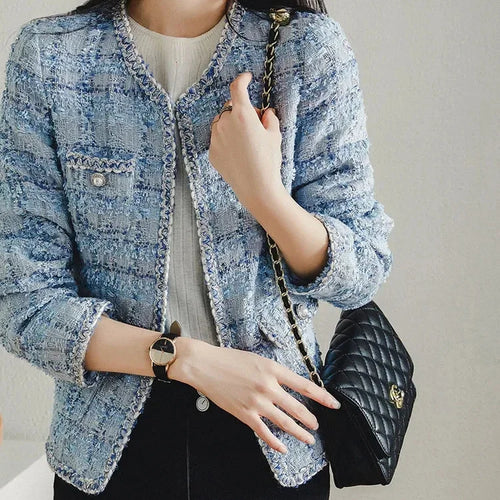 Load image into Gallery viewer, YK2 Streetwear Women&#39;s Elegant Blue Plaid Jacket Autumn Vintage Classic Long Sleeved Jacket Loose O-neck Fashion Women Jacket
