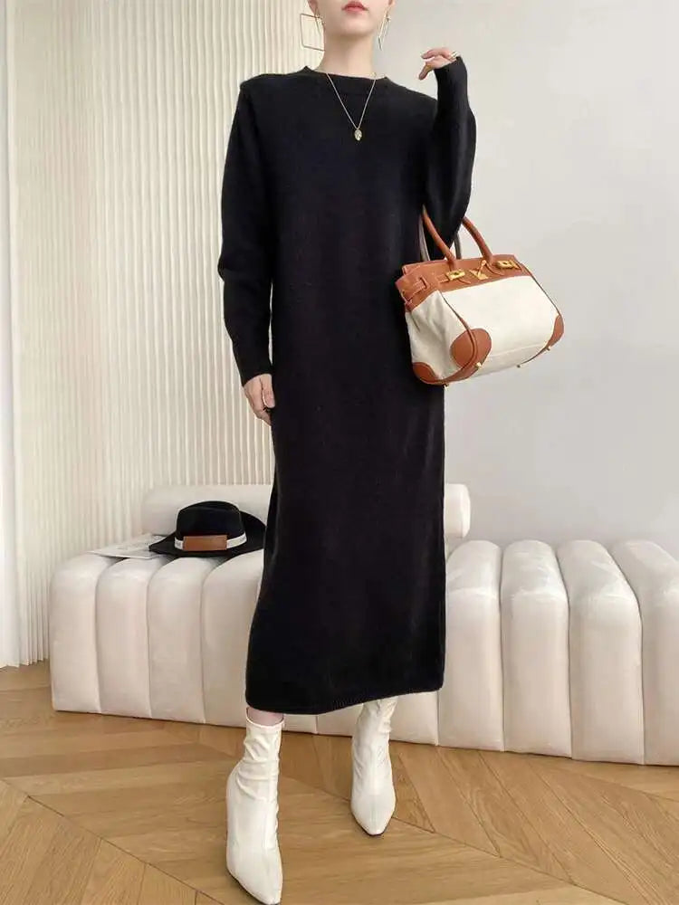 Women Rose Red Casual Midi Elegant Knitting Dress New Round Neck Long Sleeve Fashion Tide Spring Autumn 2025 1DH6450