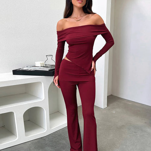 Load image into Gallery viewer, Casual 2 Pcs Sets Solid Slash Neck Long Sleeve Irregular Sexy Top Wide Leg Pants Fall Women Y2K Outfit Streetwear Sport

