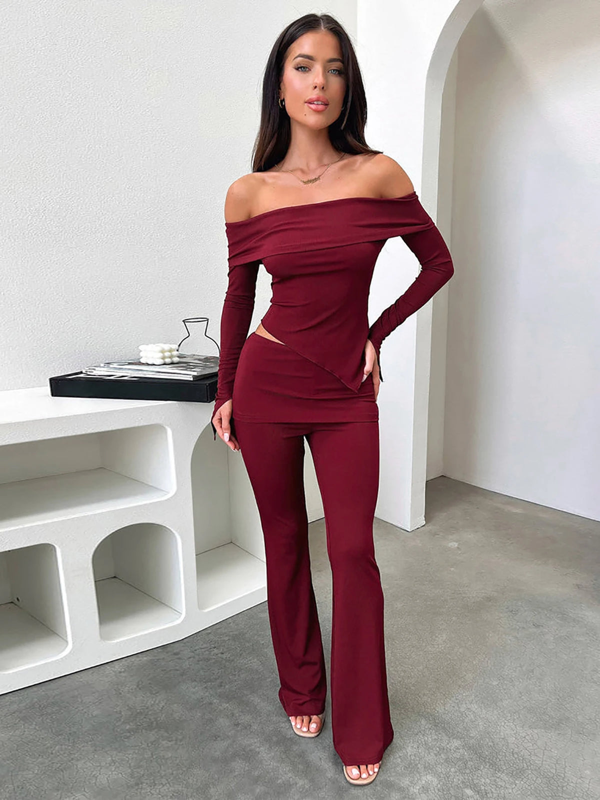 Casual 2 Pcs Sets Solid Slash Neck Long Sleeve Irregular Sexy Top Wide Leg Pants Fall Women Y2K Outfit Streetwear Sport