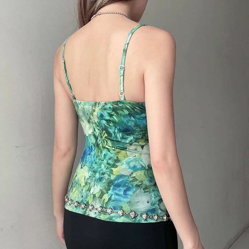 Oil Painting Style Romantic Floral Print Camisole Women Slimming With Breast Cushion Mesh Patched Tops Summer Clothes