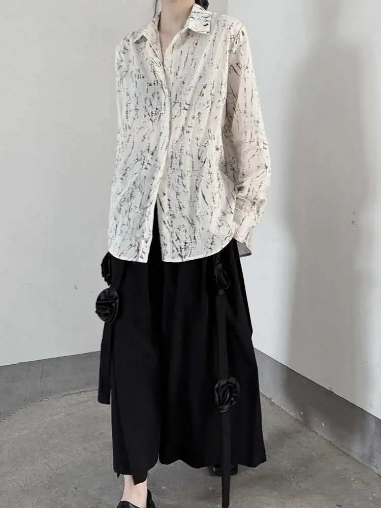 Women Pattern Printed Thin Pleated Big Size Blouse New Lapel Long Sleeve Shirt Fashion Tide Spring Autumn 2025 1DJ0406