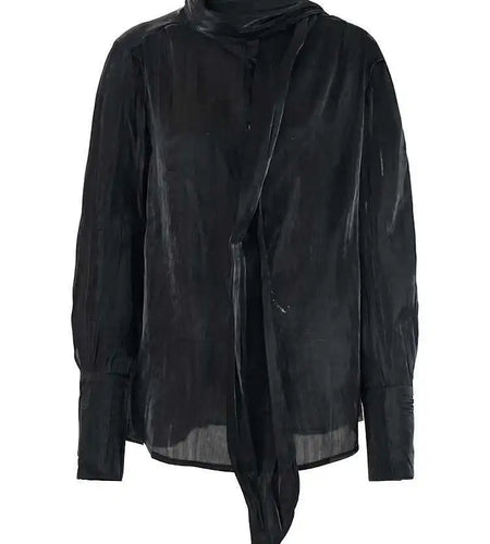 Women Black Organza Elegant Big Size Blouse New Scarf Collar Long Sleeve Shirt Fashion Tide Spring Autumn 2025 CPG2114