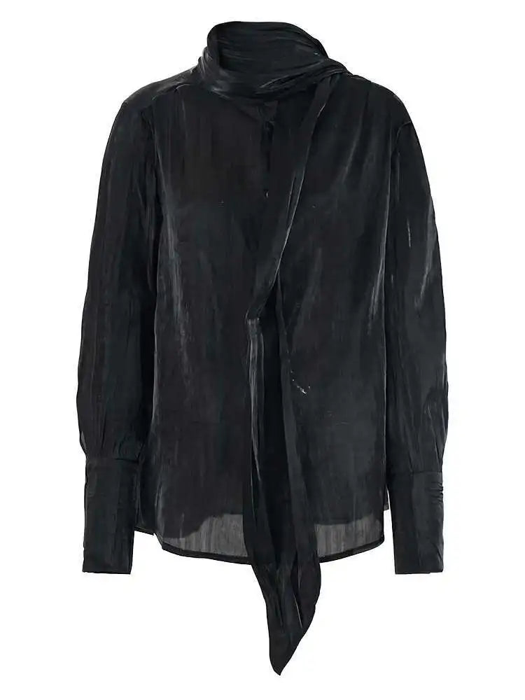 Women Black Organza Elegant Big Size Blouse New Scarf Collar Long Sleeve Shirt Fashion Tide Spring Autumn 2025 CPG2114