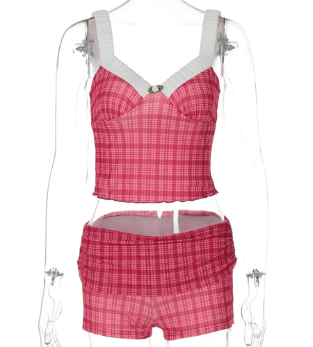 Plaid Print 2 Piece Sets Ruched Straps With Flower Sexy Crop Tank Top Shorts Summer Fashion Outfits Streetwear Party