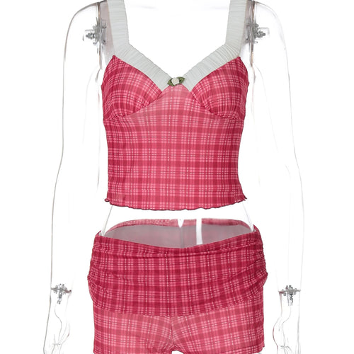 Load image into Gallery viewer, Plaid Print 2 Piece Sets Ruched Straps With Flower Sexy Crop Tank Top Shorts Summer Fashion Outfits Streetwear Party
