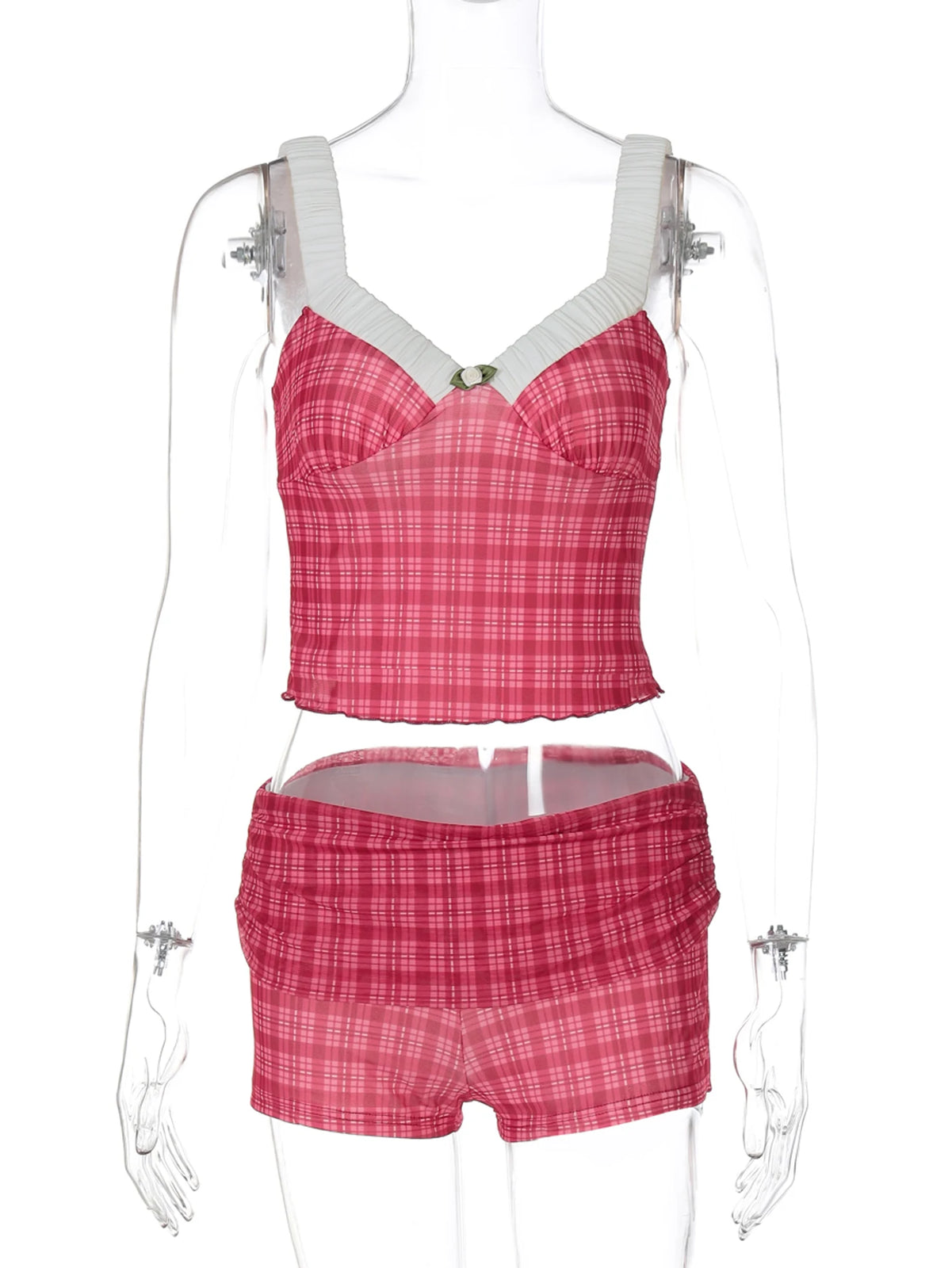 Plaid Print 2 Piece Sets Ruched Straps With Flower Sexy Crop Tank Top Shorts Summer Fashion Outfits Streetwear Party