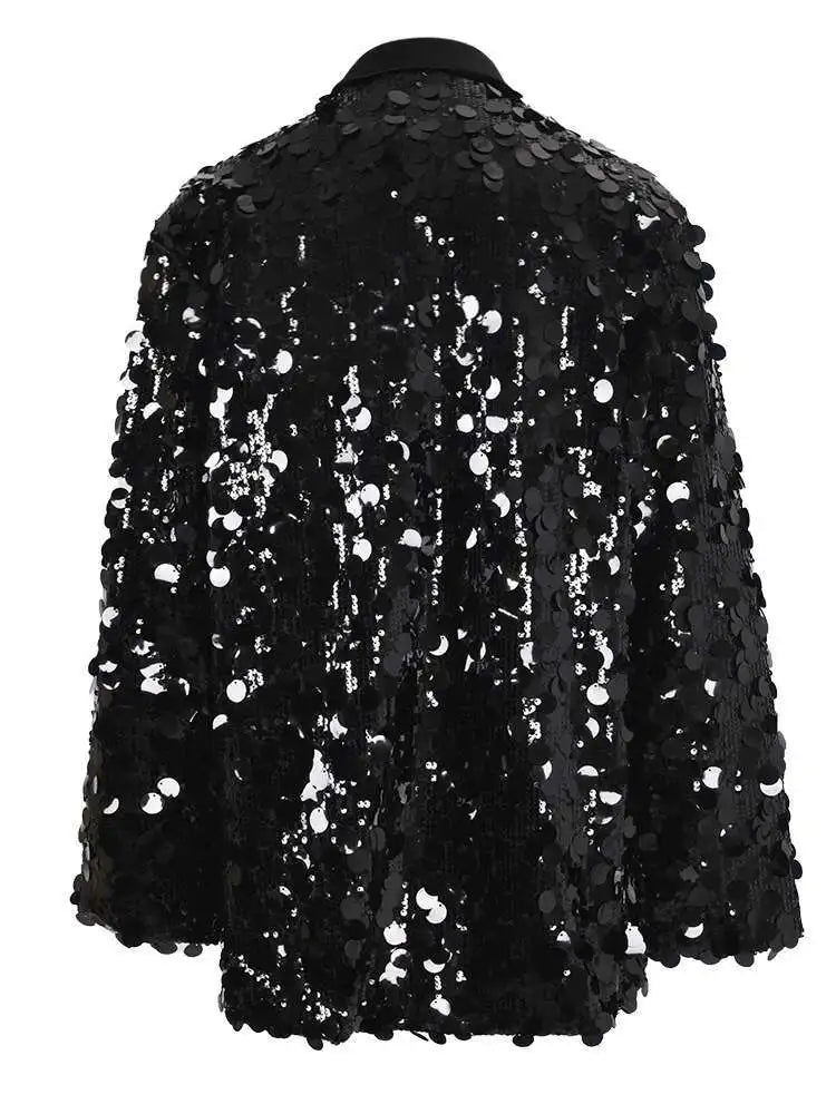 Black Sequins Shining Big Size Casual Jacket New Lapel Long Sleeve Women Coat Fashion Tide Spring Autumn 2025 CPG1020