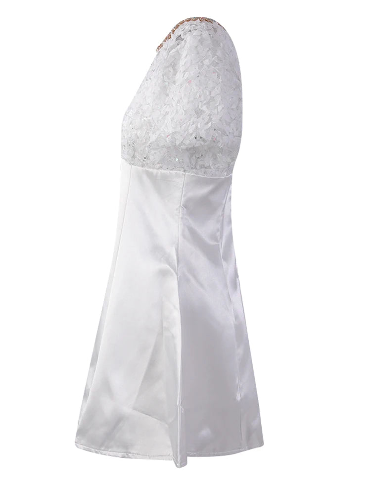 Women White Lace Rhinestones Elegant Slim Mini Dress New Round Neck Short Sleeve Fashion Tide Spring Summer 2025 CPG2980