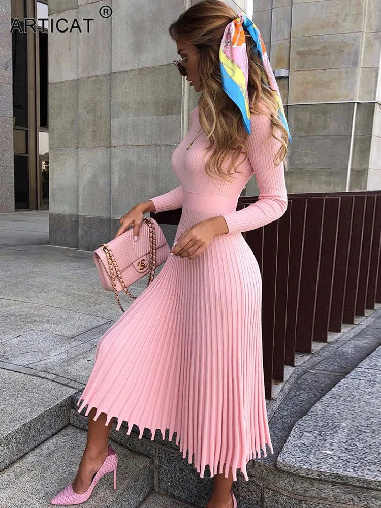 Women Knitted Long Dress Ribbed Elegant Midi Bodycon Sweater Dress Official Ladies Bandage Pleated Dresses Streetweear