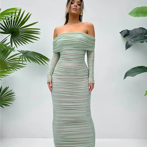 Load image into Gallery viewer, Off-shoulder Long Sleeve Sexy Maxi Dress For Women Autumn New Strapless Backless Bodycon Ruched Party Long Dress
