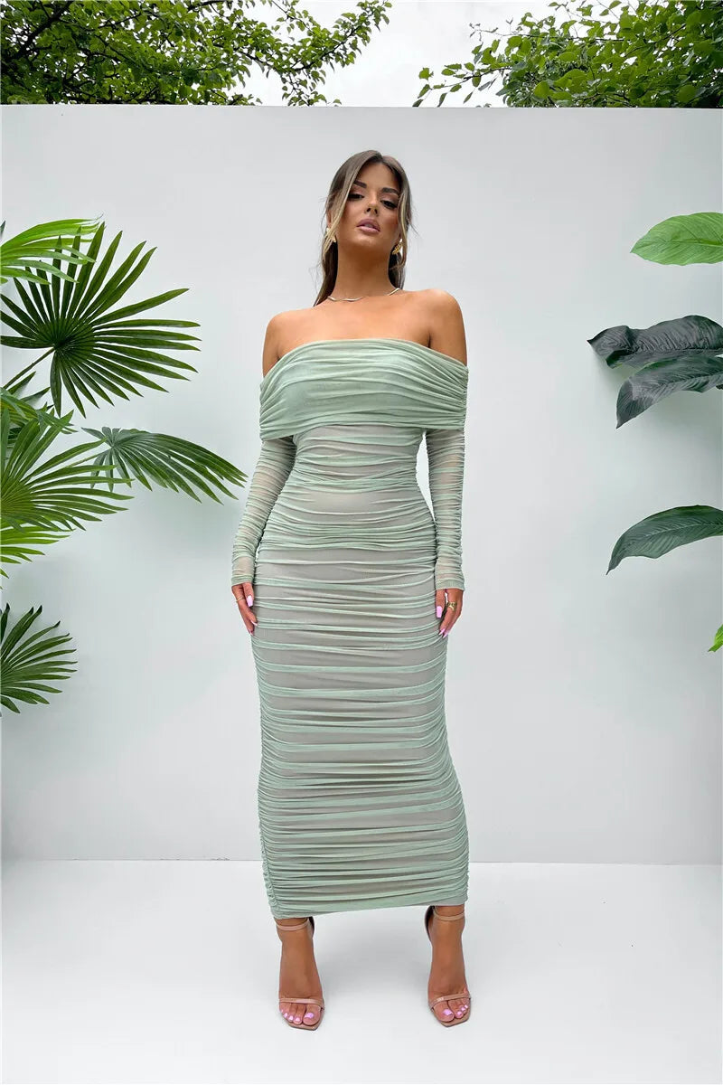Off-shoulder Long Sleeve Sexy Maxi Dress For Women Autumn New Strapless Backless Bodycon Ruched Party Long Dress