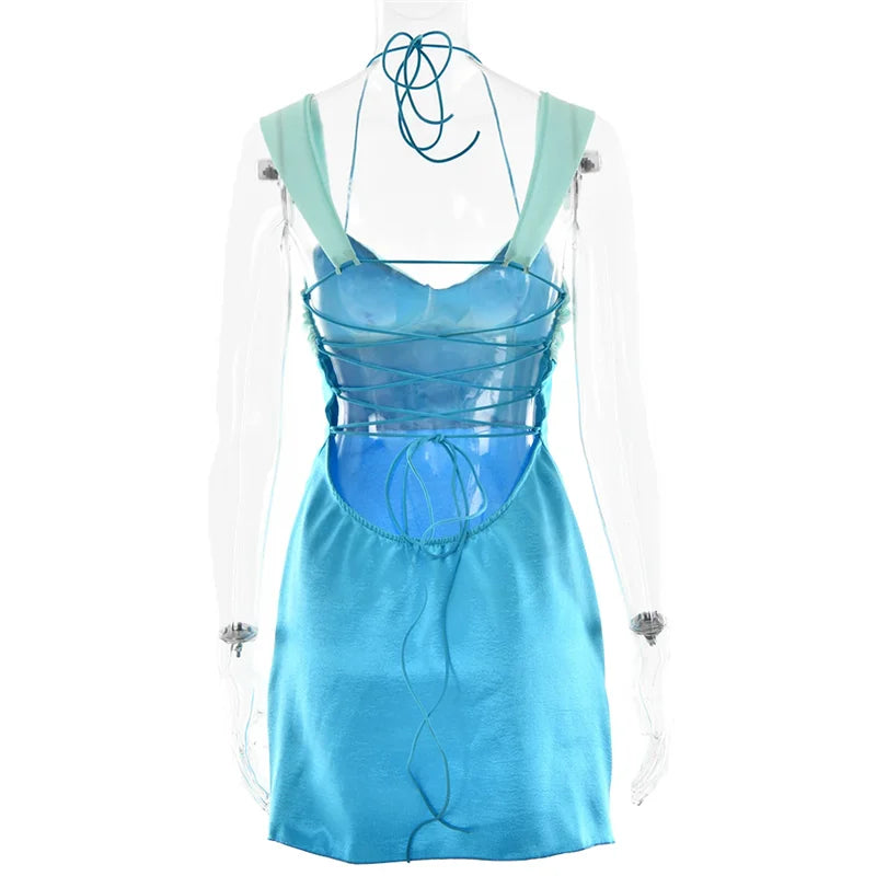 Patchwork Sleeveless Sexy Mini Dress For Women Robe Satin Strapless Backless Lace-up High Waist A-line Club Dress