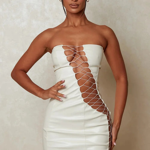 Load image into Gallery viewer, Hollow Out PU Leather Sexy Mini Dresses For Women Strapless Sleeveless Backless Bodycon Party Short Dress Vestido
