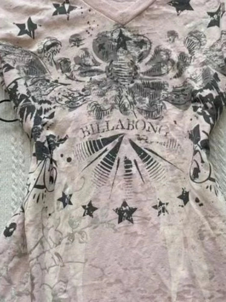 Women Vintage Print All Match Slim Waist Tees Streetwear Grunge V-neck Tops Y2k Aesthetic Casual T-Shirts Female Korean Harajuku