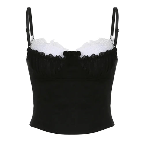 Load image into Gallery viewer, Chic Fashion Strap Lace Patched Frill Y2K Top Camisole Stitched Ruffles Bow Summer Cropped Bustier Top Contrast Color
