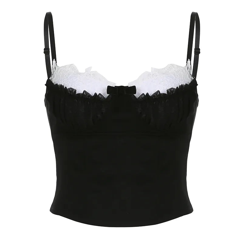 Chic Fashion Strap Lace Patched Frill Y2K Top Camisole Stitched Ruffles Bow Summer Cropped Bustier Top Contrast Color