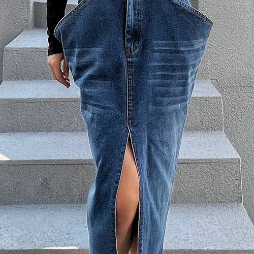 Load image into Gallery viewer, Streetwear Denim Skirt For Women High Waist Slim Patchwork Pockets Split Thigh Midi Skirts Female Spring Fashion Style
