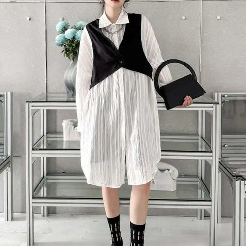 Load image into Gallery viewer, Women Black White Color-block Big Size Striped Shirt Dress New Lapel Long Sleeve Fashion Spring Autumn 2025 1DH4348
