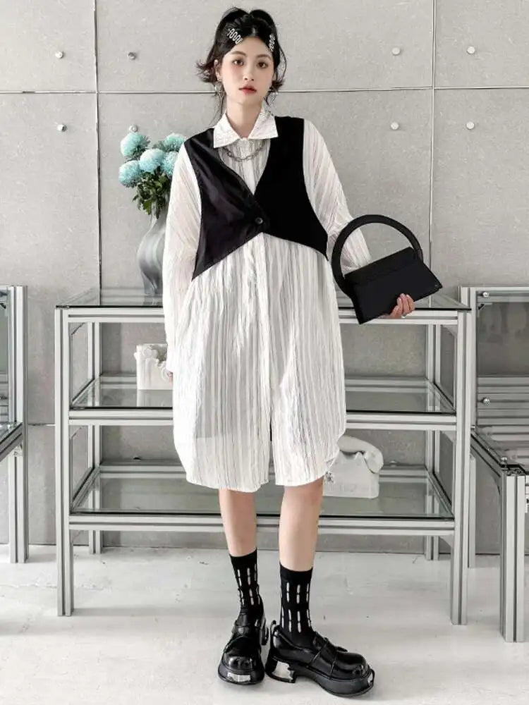 Women Black White Color-block Big Size Striped Shirt Dress New Lapel Long Sleeve Fashion Spring Autumn 2025 1DH4348