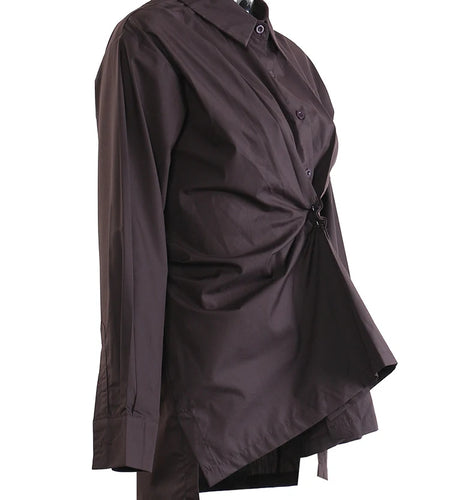 Women Brown Pleated Elegant Irregular Big Size Blouse New Lapel Long Sleeve Shirt Fashion Tide Spring Autumn 2025  1DJ1089